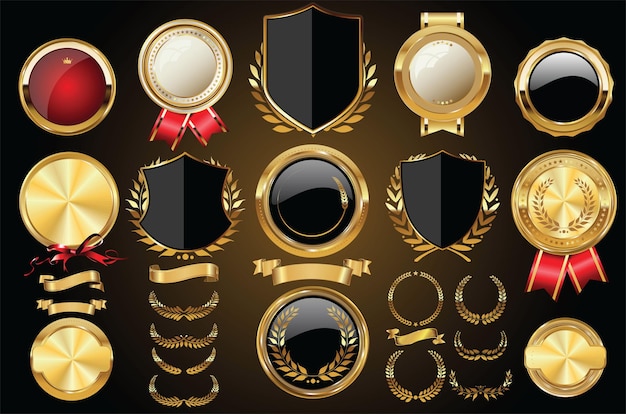 Vector medieval escudos de oro coronas de laurel y colección de insignias