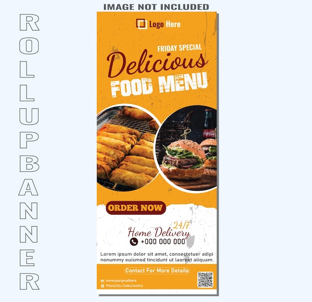 Vector menú de comida deliciosa enrollado en el estandarte