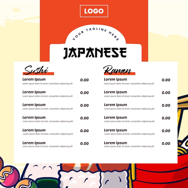 vector de menú de comida japonesa para diseño de plantilla