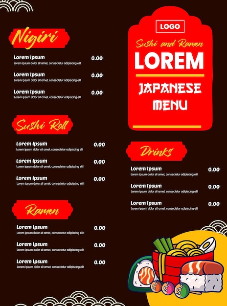 vector de menú de comida japonesa para diseño de plantilla