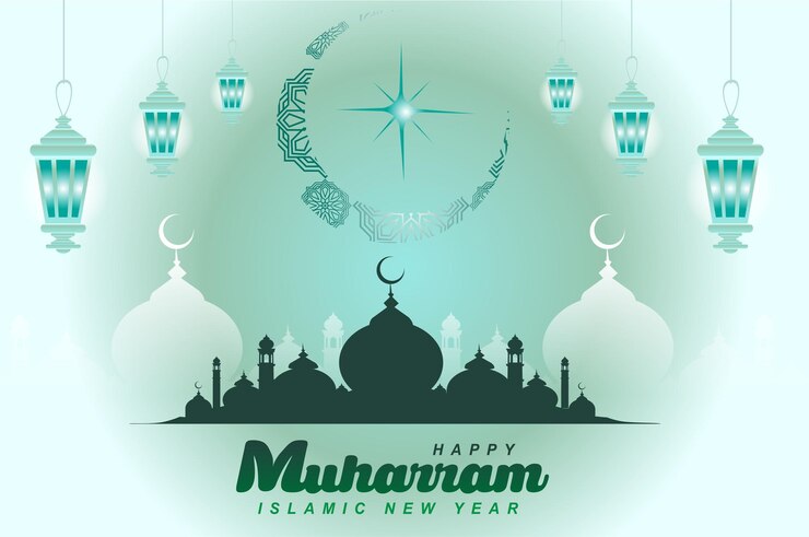 vector mezquita silueta luna creciente estrella feliz muharram ornamento árabe verde menta fondo