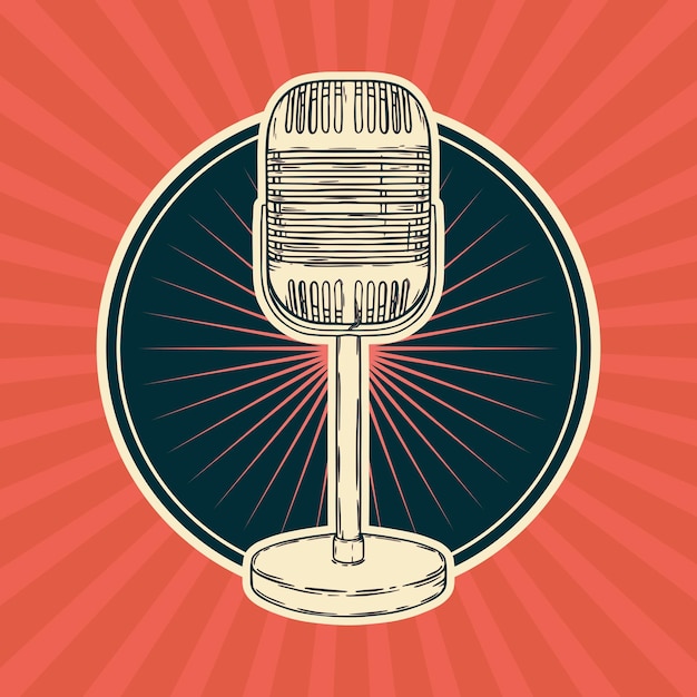 Vector micrófono retro Vintage karaoke radio micrófono podcast estación Cartel de música dibujado a mano