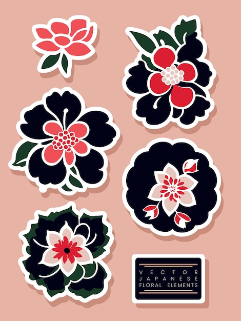 Vector Minimal estilo japonés Elementos gráficos decorativos florales o botánicos para pegatinas de cartel o publicidad