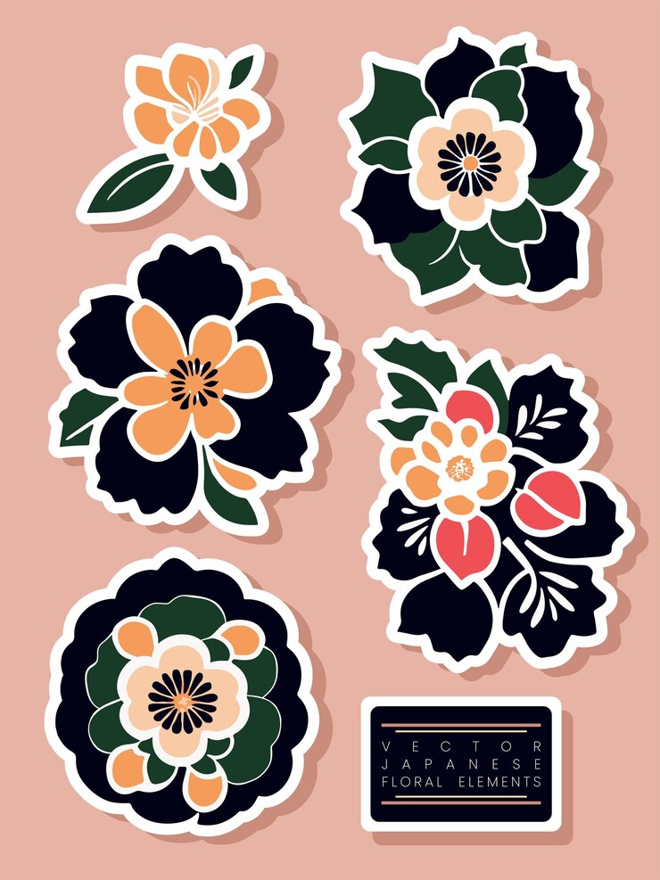 Vector Minimal estilo japonés Elementos gráficos decorativos florales o botánicos para pegatinas de cartel o publicidad