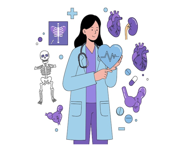 Un vector minimalista de una doctora sosteniendo un corazón con símbolos médicos