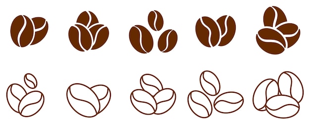 Vector mínimo de iconos de granos de café para el diseño de menús de marca de cafeterías o envases de alimentos