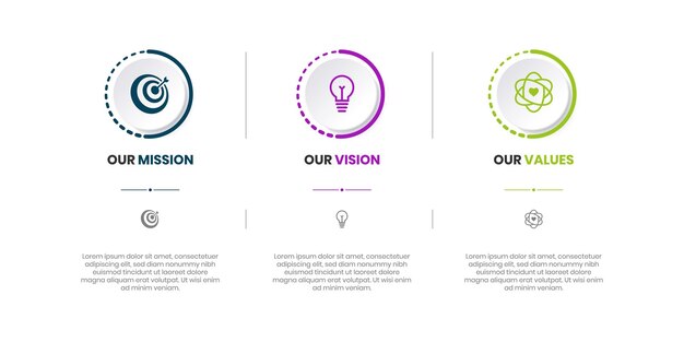 Vector misión visión valores infografía banner plantilla empresa objetivo infografía diseño con moderno