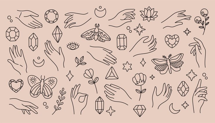 Vector vector místico y esotérico ambientado en un moderno estilo lineal mínimo. vector en manos de estilo boho