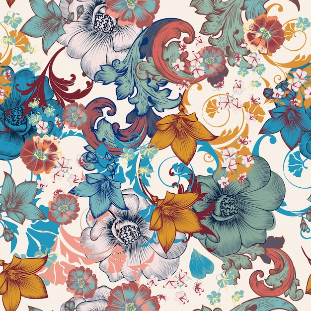 Vector de moda patrón elegante vintage con flores y adornos para el diseño
