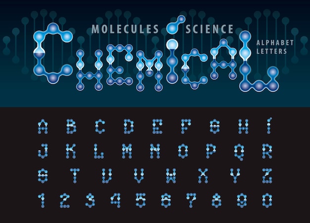 Vector de la molécula abstracta de células del alfabeto letras y números