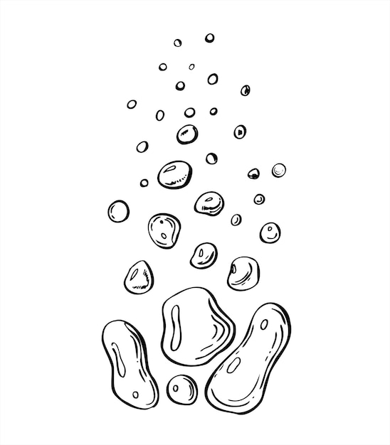 Vector monocromático subiendo burbujas de agua o aire en diferentes tamaños dibujo de tinta negra arte de línea burbujas humeantes submarinas para etiquetas de bebidas agua con gas marca menús de cócteles blogs de bienestar