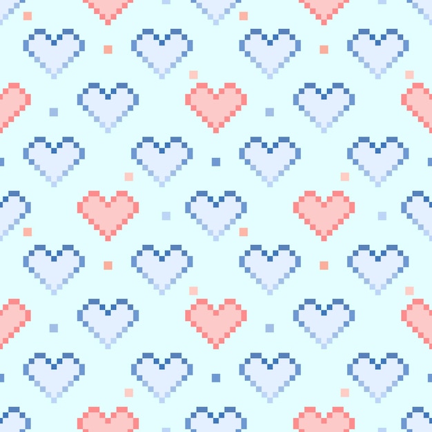 Vector Muchos corazones sobre fondo azul Imagen de píxel Color azul rojo blanco Se puede usar para imprimir