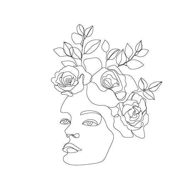 Vector mujer cara línea arte ilustración logo con flores y hojas concepto de naturaleza femenina uso para impresiones tatuajes carteles textiles logotipos tarjetas etc línea continua monoline