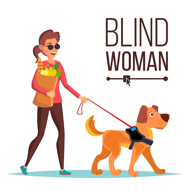 Vector vector de mujer ciega persona con mascota perro compañero. mujer ciega en gafas oscuras y perro guía caminando. ilustración de personaje de dibujos animados aislado