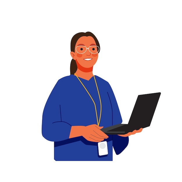Vector de una mujer desarrolladora sonriente con una computadora portátil