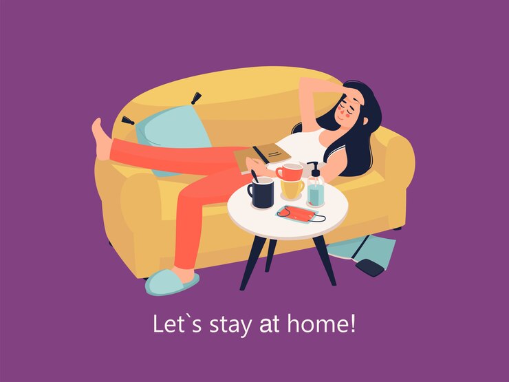 Vector vector mujer se encuentra en el sofá con el libro en casa y texto ¡quédate en casa!