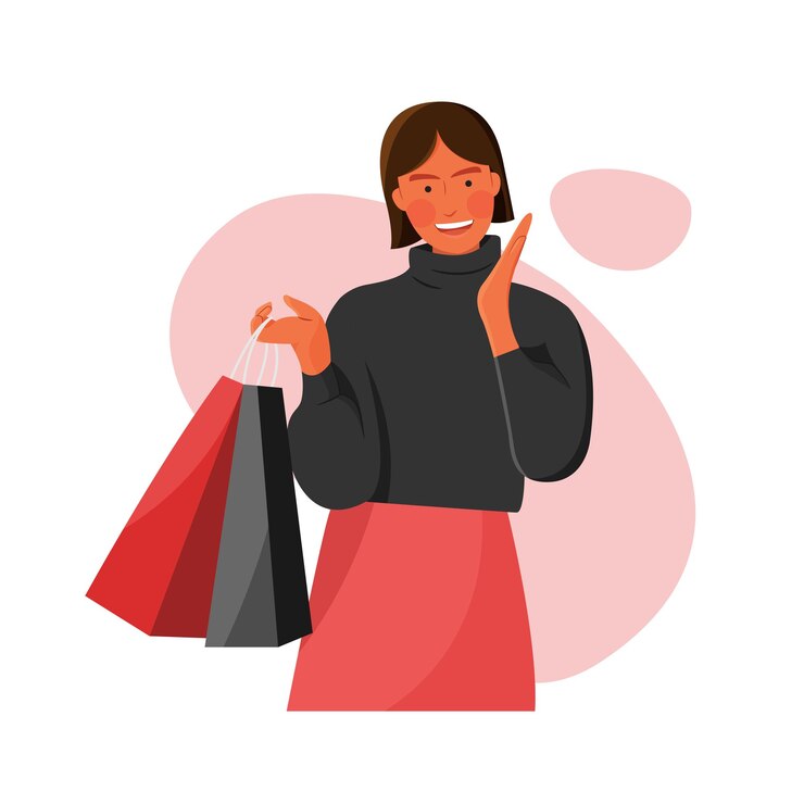 Vector vector de mujer feliz sonriendo traer bolsa de compras