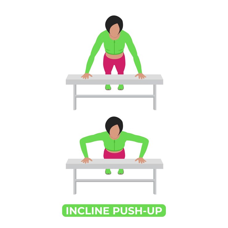 Vector vector mujer haciendo incline push up peso corporal fitness ejercicio de entrenamiento de pecho