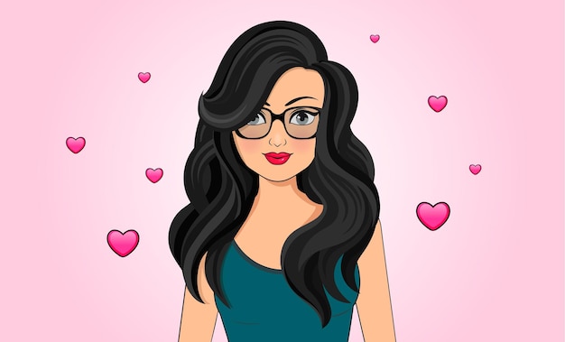 Vector vector de una mujer hermosa, chica con cabello negro ondulado en gafas. corazón a un lado.