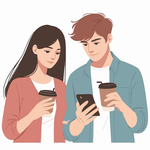 Vector vector mujer y hombre sosteniendo café mientras miran el teléfono revisan las redes sociales