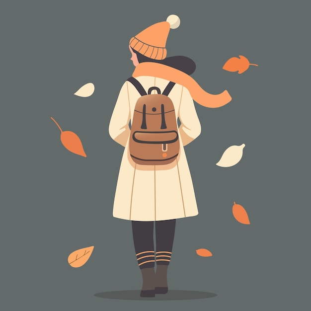 Vector mujer joven con mochila en otoño deja estilo plano Ilustración vectorial