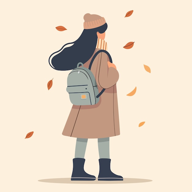 Vector mujer joven con mochila en otoño deja estilo plano Ilustración vectorial