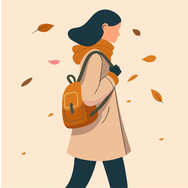 Vector mujer joven con mochila en otoño deja estilo plano Ilustración vectorial