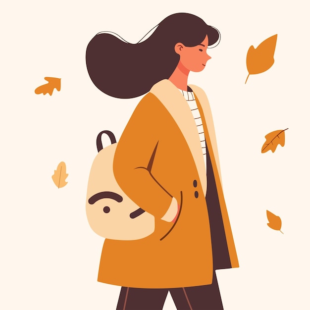Vector mujer joven con mochila en otoño deja estilo plano Ilustración vectorial