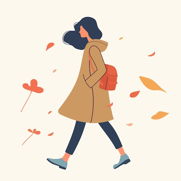 Vector mujer joven con mochila en otoño deja estilo plano Ilustración vectorial