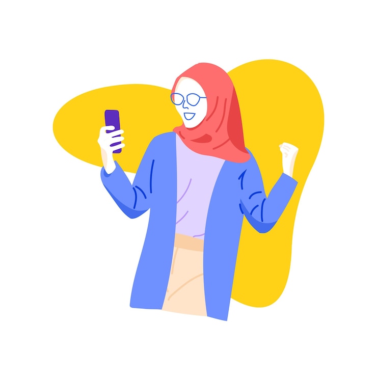 Vector vector mujer joven sosteniendo un teléfono celular alegremente