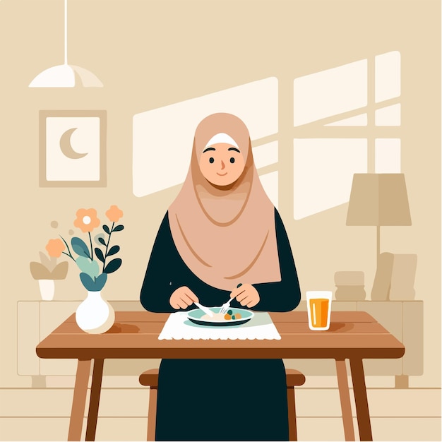 Vector de una mujer musulmana comiendo en un estilo de diseño plano.