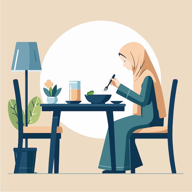 Vector de una mujer musulmana comiendo en un estilo de diseño plano.