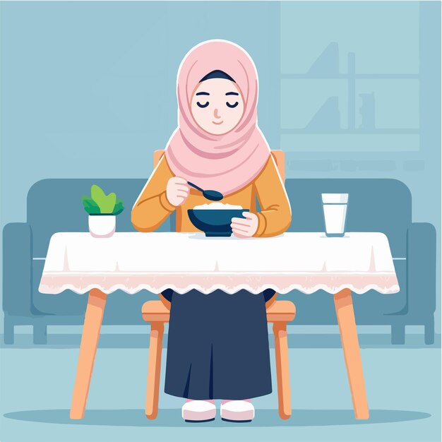 Vector de una mujer musulmana comiendo en un estilo de diseño plano.