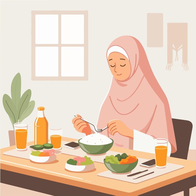 Vector de una mujer musulmana comiendo en un estilo de diseño plano.