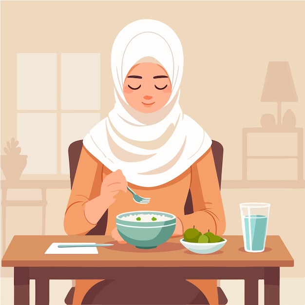 Vector de una mujer musulmana comiendo en un estilo de diseño plano.
