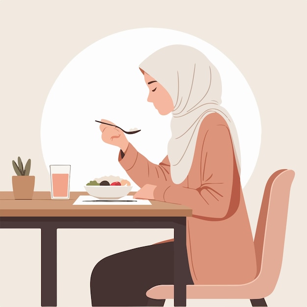 Vector de una mujer musulmana comiendo en un estilo de diseño plano.