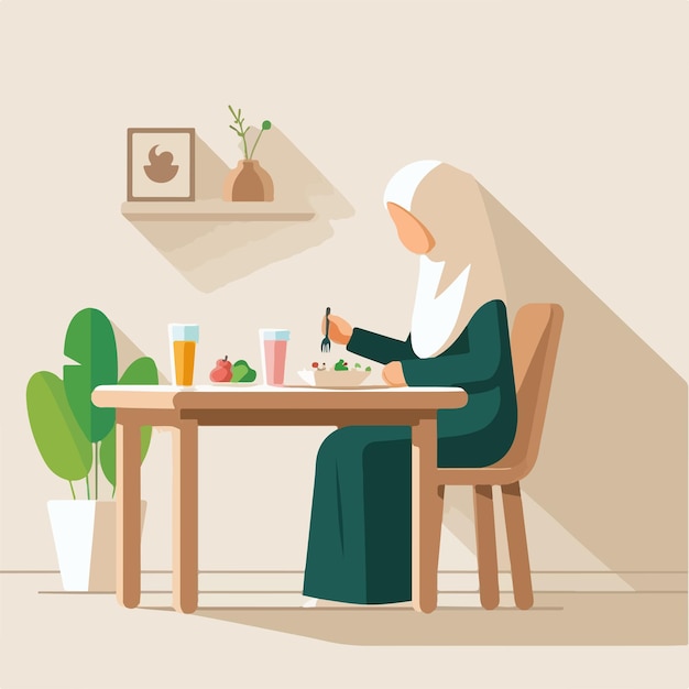 Vector de una mujer musulmana comiendo en un estilo de diseño plano.