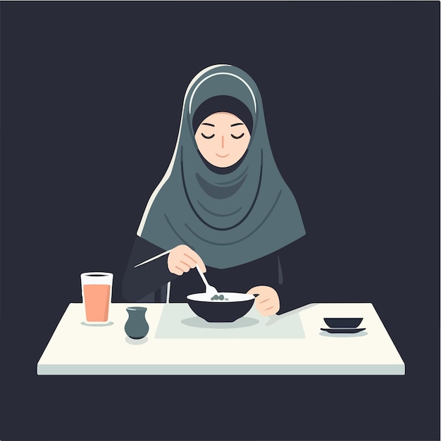 Vector de una mujer musulmana comiendo en un estilo de diseño plano.