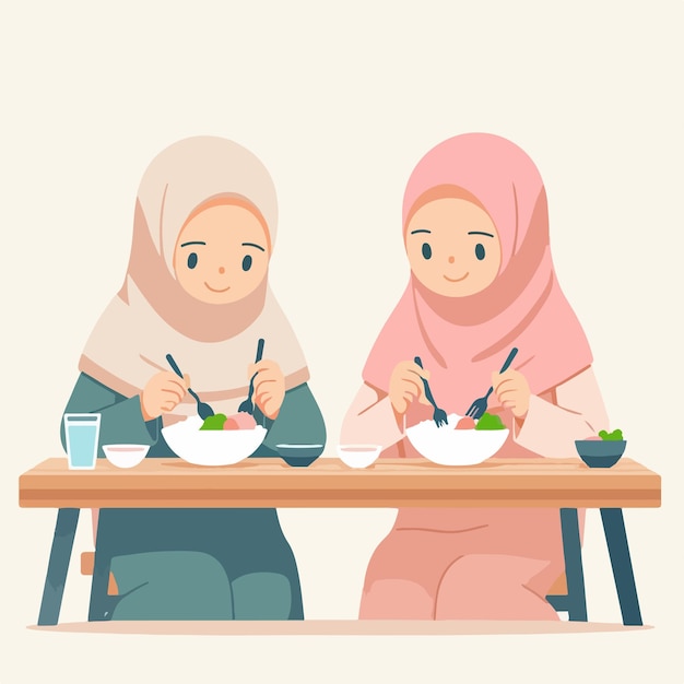 Vector de una mujer musulmana comiendo en un estilo de diseño plano.