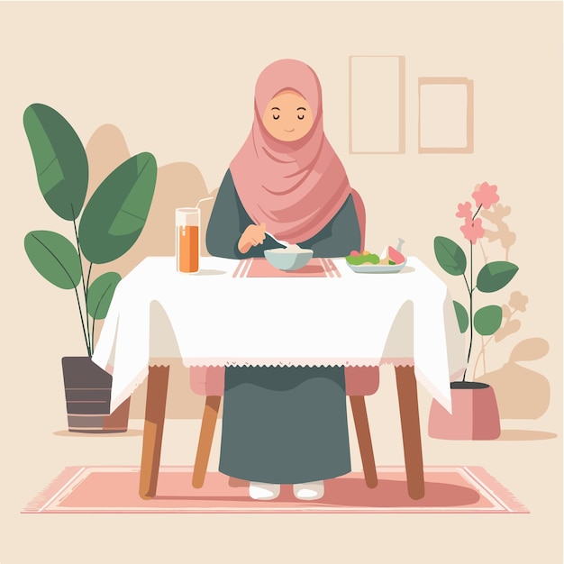 Vector de una mujer musulmana comiendo en un estilo de diseño plano.