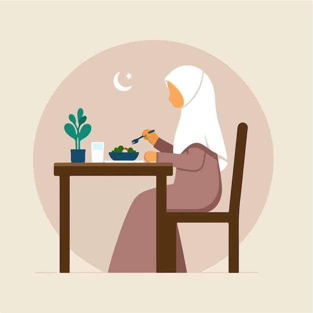 Vector de una mujer musulmana comiendo en un estilo de diseño plano.
