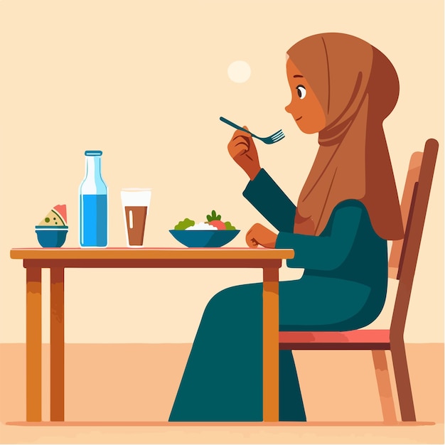 Vector de una mujer musulmana comiendo en un estilo de diseño plano.