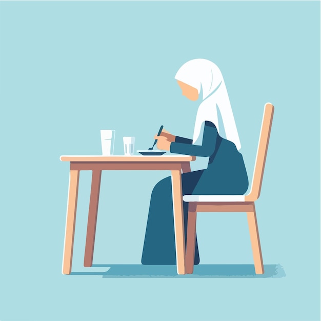 Vector de una mujer musulmana comiendo en un estilo de diseño plano.