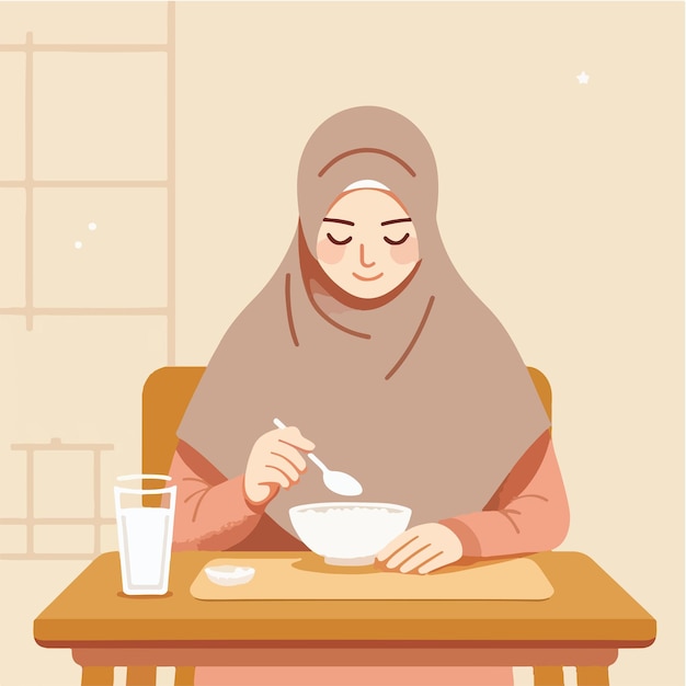 Vector de una mujer musulmana comiendo en un estilo de diseño plano.