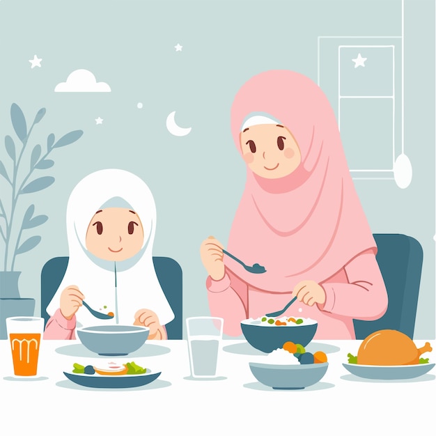 Vector de una mujer musulmana comiendo en un estilo de diseño plano.