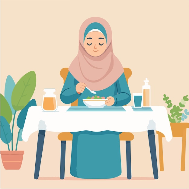 Vector de una mujer musulmana comiendo en un estilo de diseño plano.