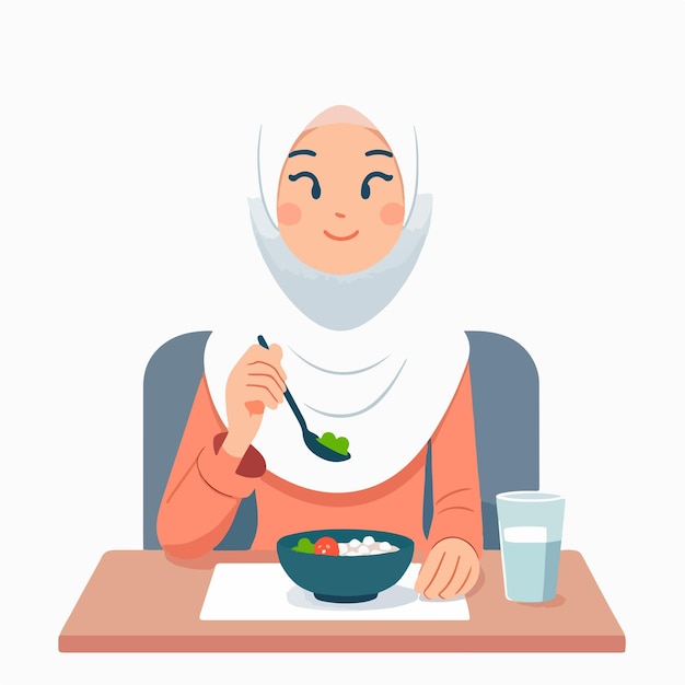 Vector de una mujer musulmana comiendo en un estilo de diseño plano.
