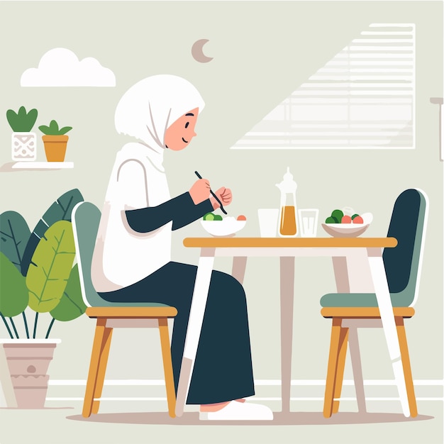 Vector de una mujer musulmana comiendo en un estilo de diseño plano.