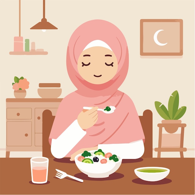 Vector de una mujer musulmana comiendo en un estilo de diseño plano.