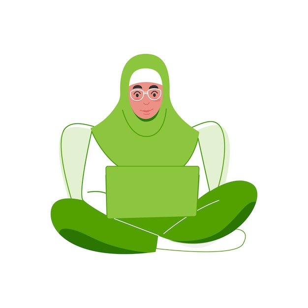 Vector de una mujer musulmana estudiando o trabajando usando una computadora portátil mientras está sentada
